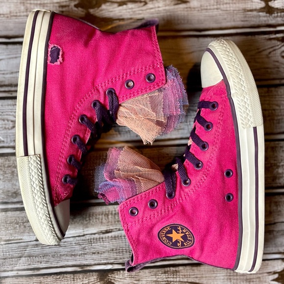 Converse Girls All Star Chuck Taylor Distressed Pink Party Hi Top Sneakers 4 - Picture 7 of 16